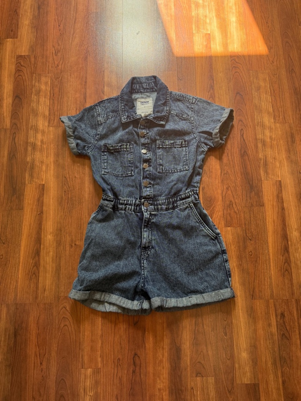 Denim Short-Sleeve Romper - Blue